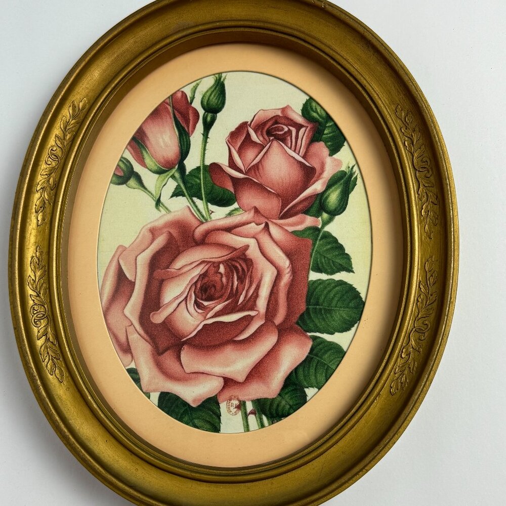 Vintage Oval Frame and Botanical Art Print Rose Pink Matted